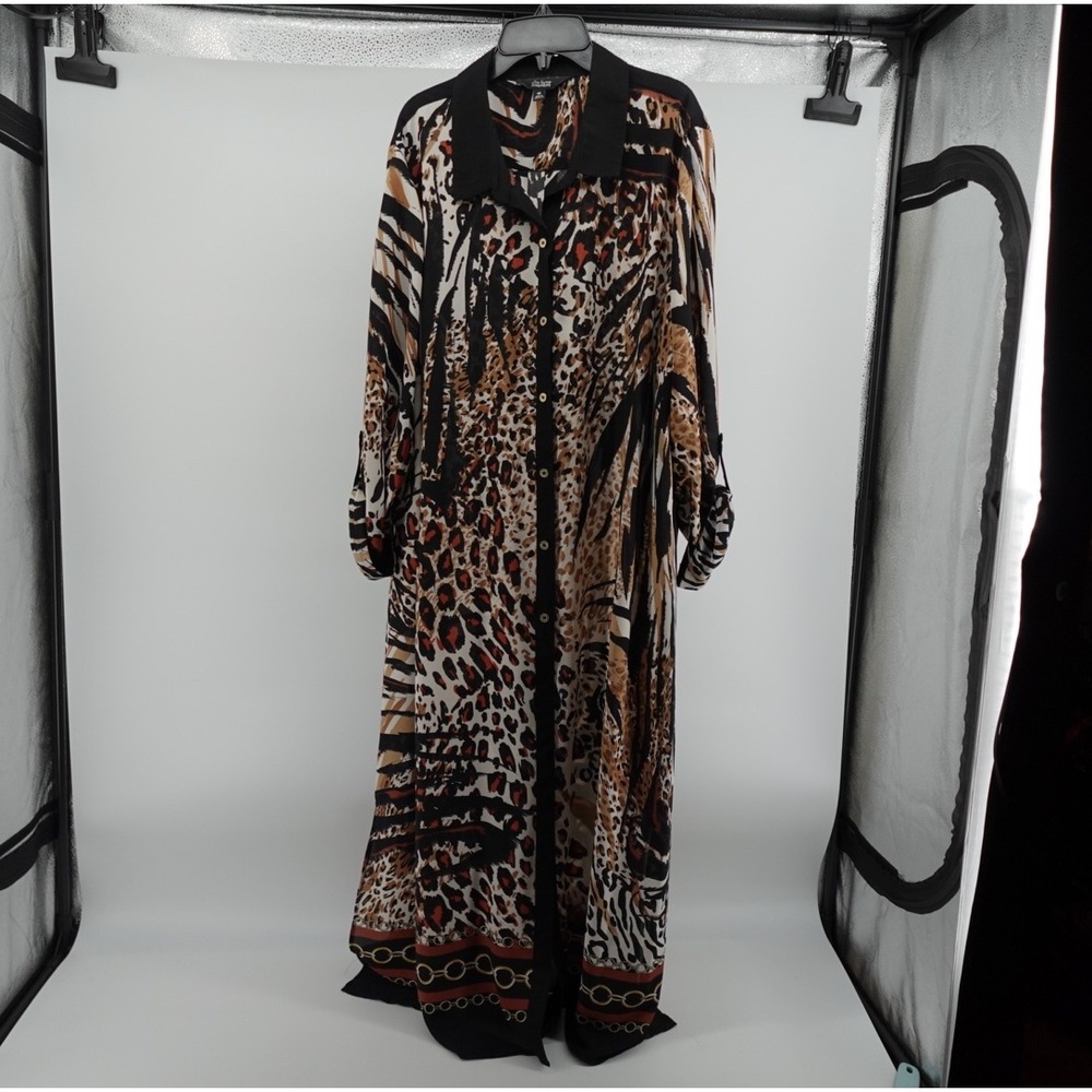 Slim Factor by Investments Animal Print Shirt Dress Kimono Roll Tab Sleeve XL